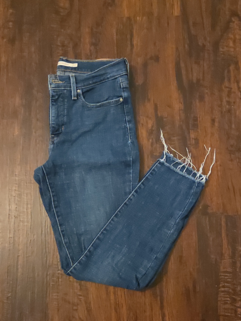 Signature by Levi Strauss Dark Blue High-Rise Ankle Jeans with Frayed Hem